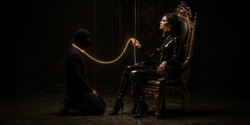 Domina face à un homme soumis, représentation d’une domination consciente dans une relation D/s