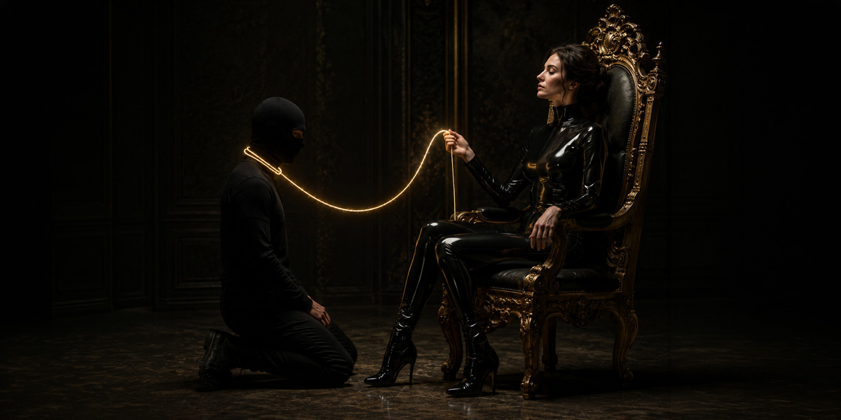 Domina face à un homme soumis, représentation d’une domination consciente dans une relation D/s