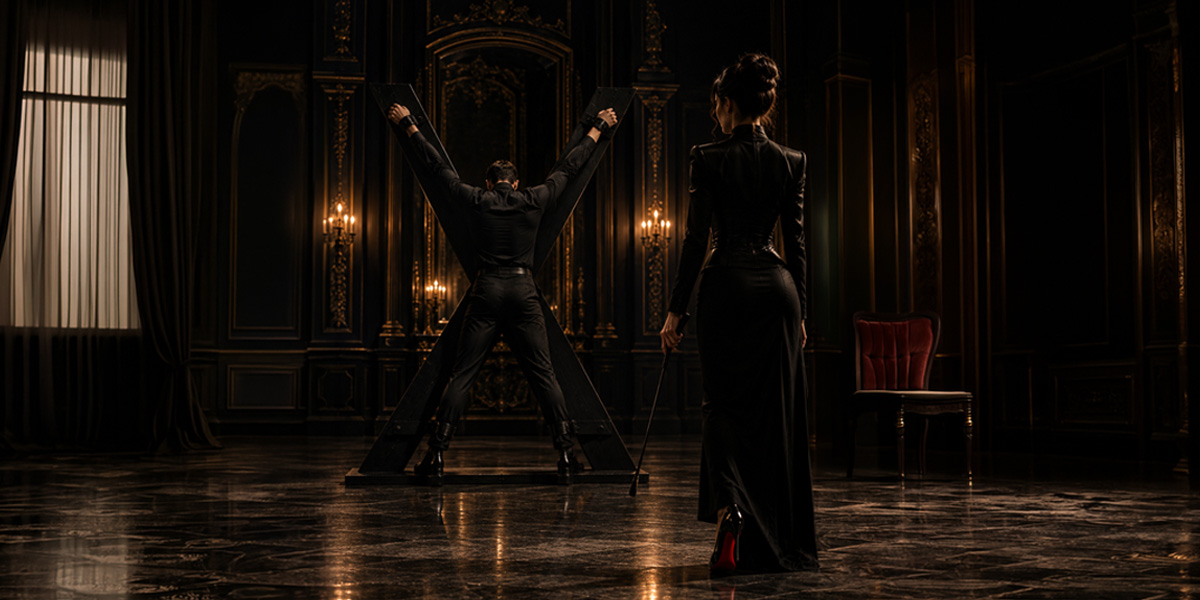 Domina en robe noire, cravache à la main, face à un homme attaché à une croix dans un salon éclairé aux chandeliers